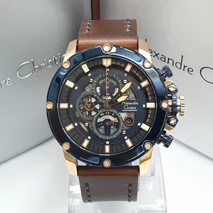 JAM TANGAN PRIA ASLI  ALEXANDRE CHRISTIE AC 6416 PRIA ROSEGOLD BLUE LEATHER BROWN ORIGINAL  I