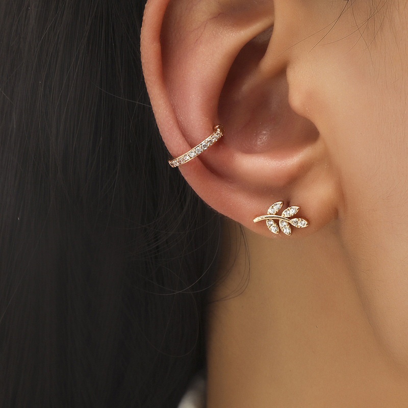 Branches and leaves unilateral zircon does not rust ear bone clip ear buckle ear clip ear stud earrings 2-piece set