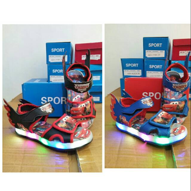 Sandal sepatu lampu anak cowo cars mobil mcqueen hitam biru sayap new import ori asli murah promo