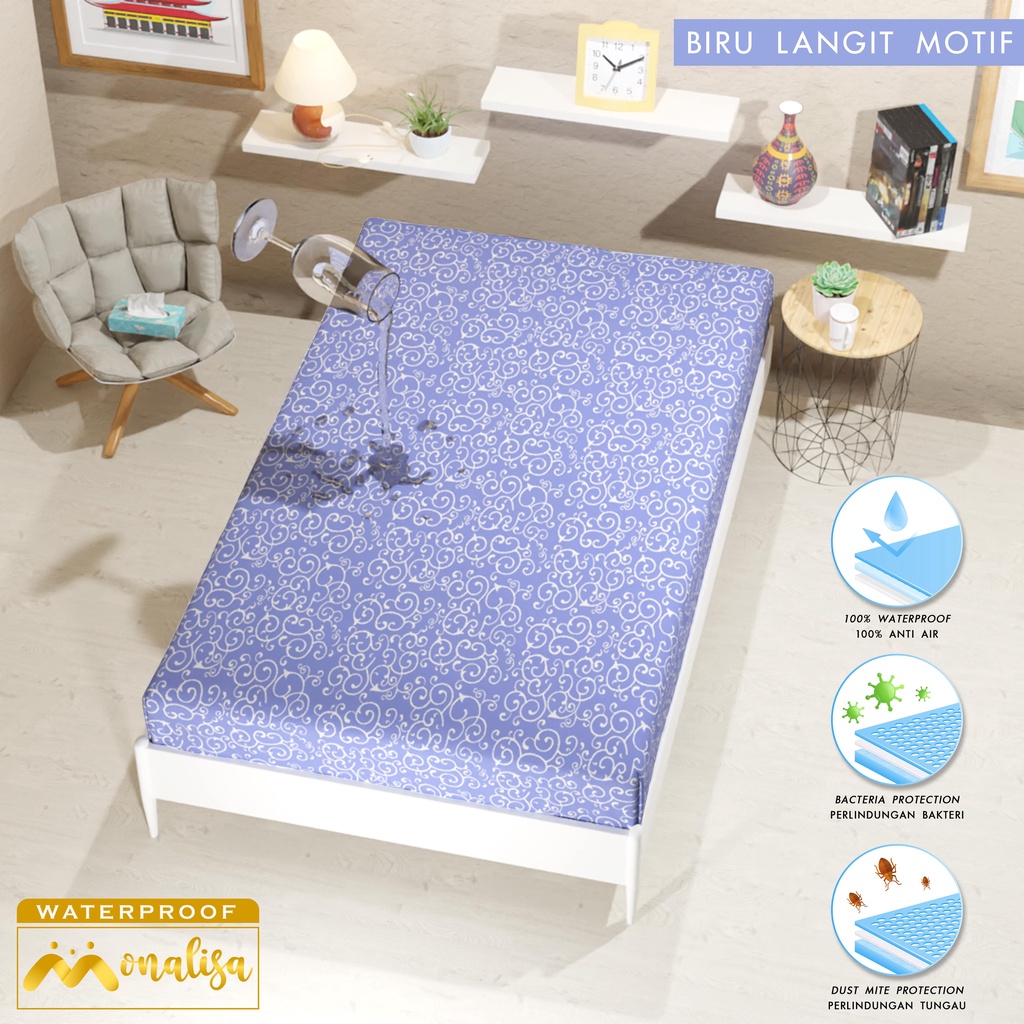 Monalisa Waterproof Sprei Uk 100/120 - Biru Langit Motif