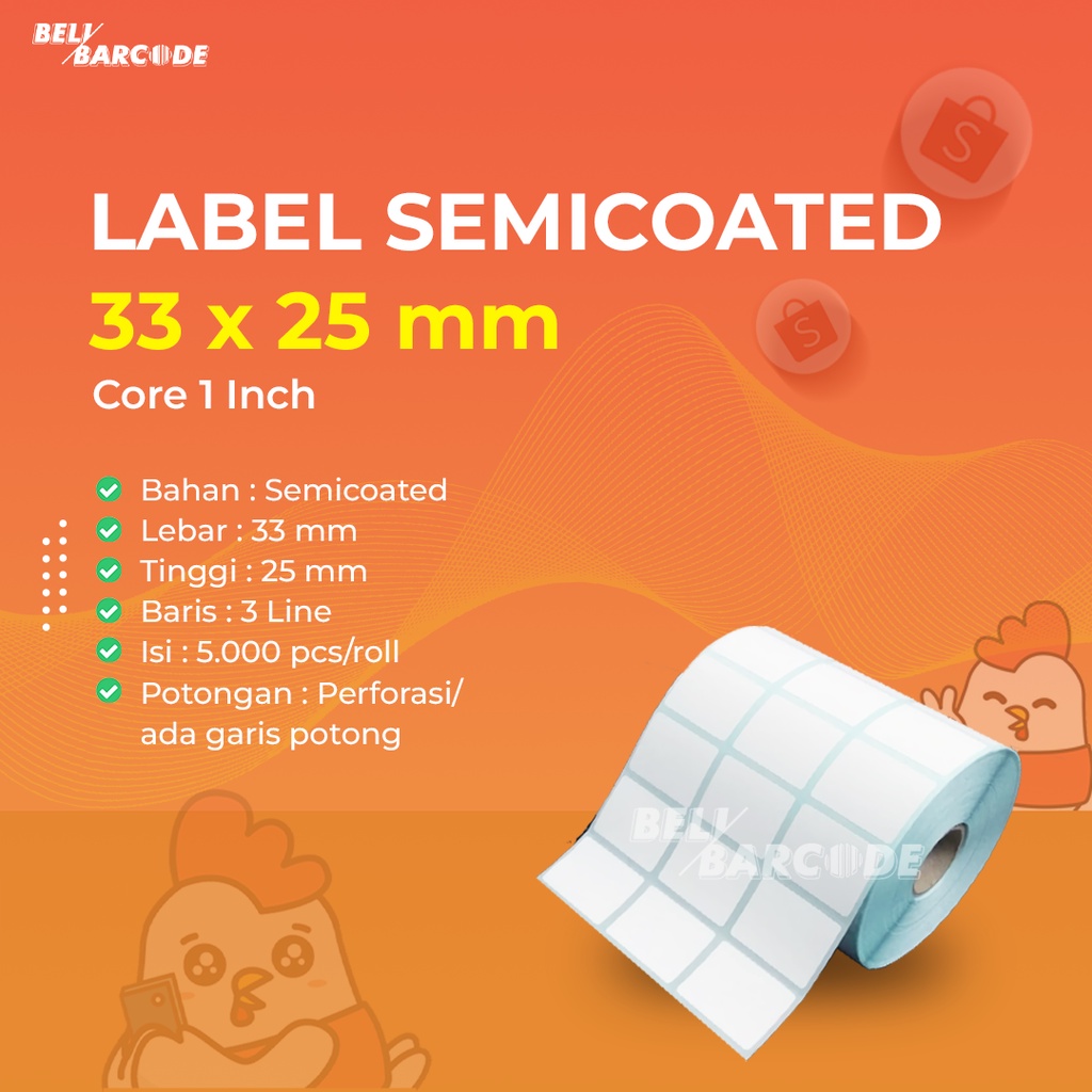 SEMICOATED STICKER LABEL LARCODE 3 LINE 33X25 MM CORE KECIL @500PCS