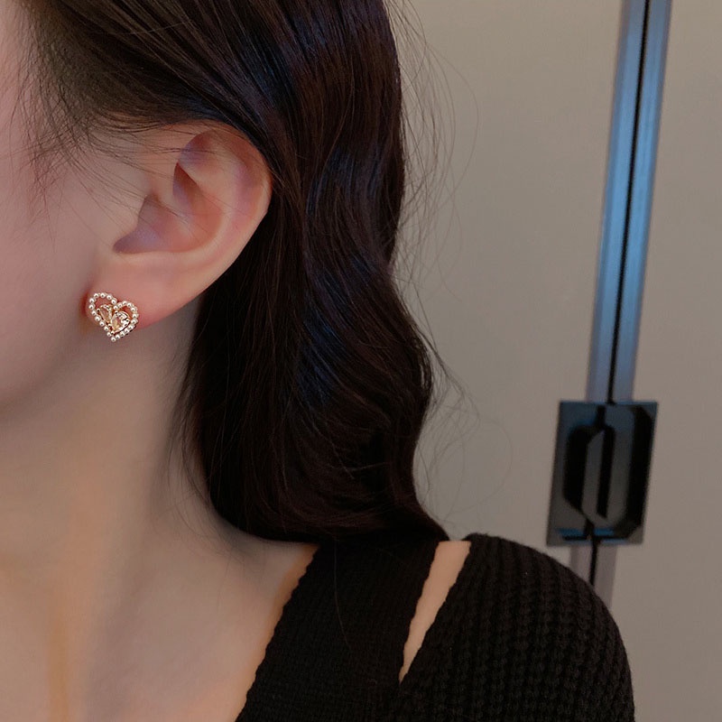 Anting Tusuk Sterling Silver 925 Desain Hati Hias Zircon + Mutiara Gaya Simple Untuk Wanita