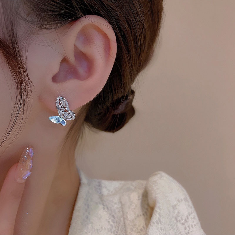 Anting Tusuk Sterling silver 925 Desain Kupu-Kupu Hias Kristal Zircon Mewah Untuk Wanita