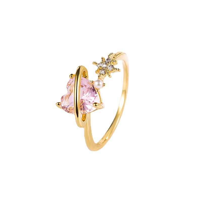 Cincin Model Terbuka Desain Hati Aksen Kristal Warna Pink Untuk Wanita