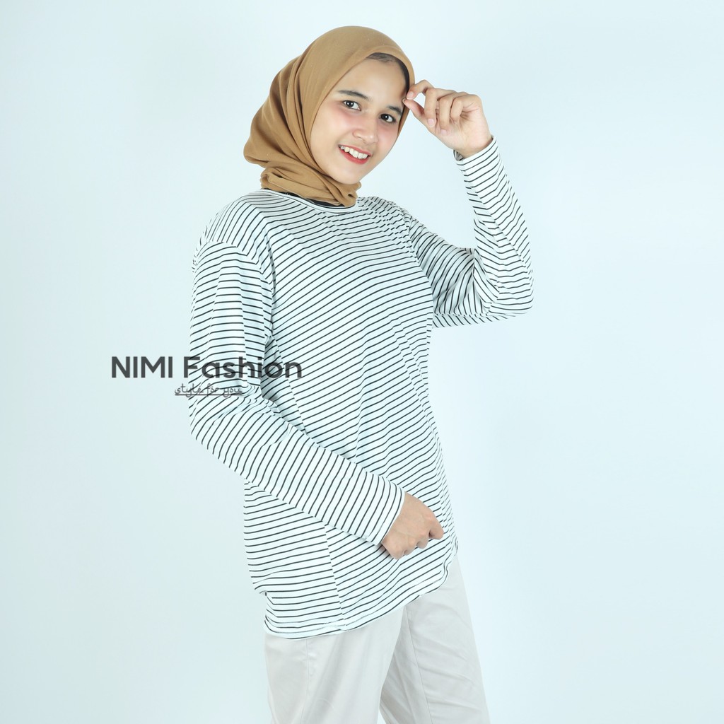 NIMIFASHION KAOS LENGAN PANJANG WANITA / BAJU LENGAN PANJANG / BAJU SALUR HITAM PUTIH BISA COD