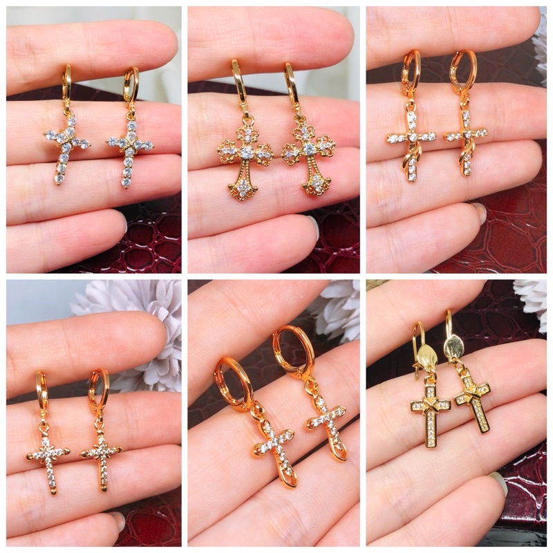 Anting salib jepit permata Emas Xuping