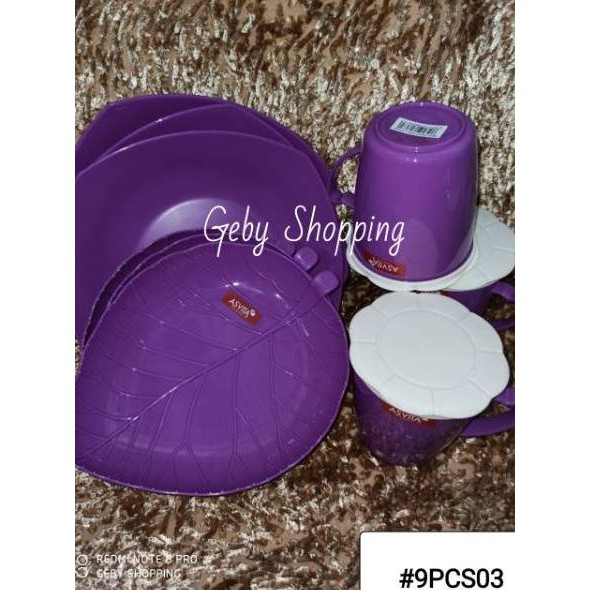 Hot Brand ASVITA 9 12 PCS PAKET CANTIK PIRING SET MANGKOK DAN GELAS PLASTIK HIJAU 9PCS 12PCS UNGU