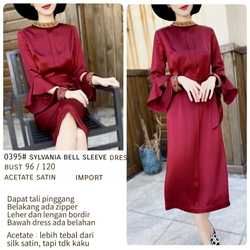 MDLV ~ 0395# CNY Sylvania Bell Sleeve Dress Premium Dress Satin Import Dress Premium Dress Midi Fashion Import