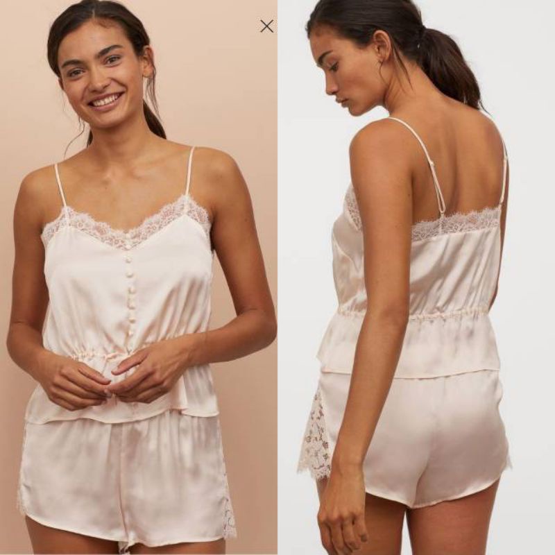 H&amp;M  Celana Tidur  Satin Sleepwear Pjamas  Set Lase Cami Tank + Short | Celana tidiur  Lingerie Original Branded