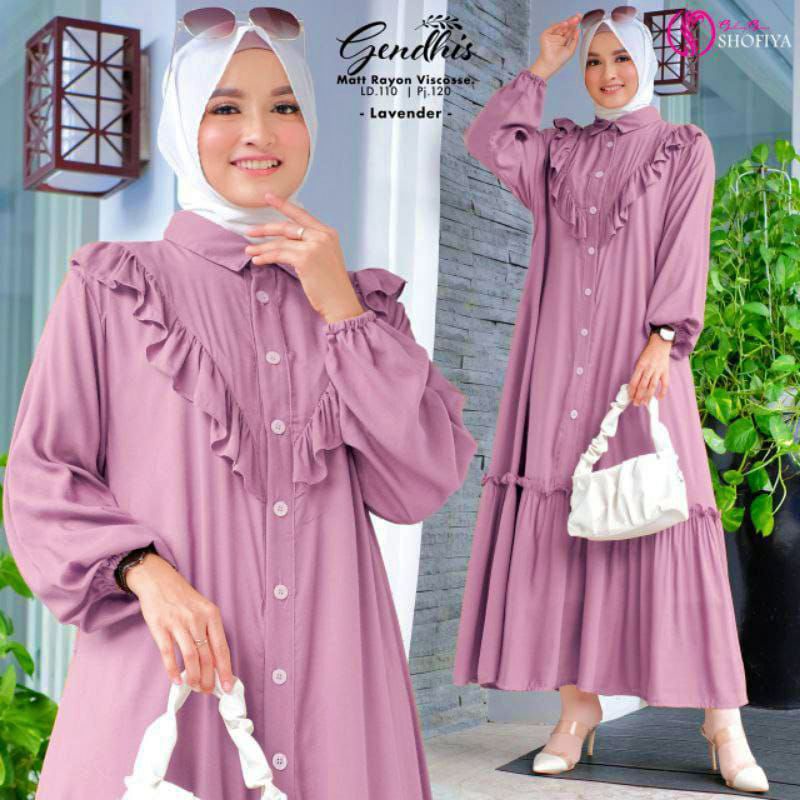 Gamis Terbaru Gendhis Shofiya Rayon Premium Dress Wanita Kerah Peterpan Longdress Rempel Full Kancing LD 115 cm