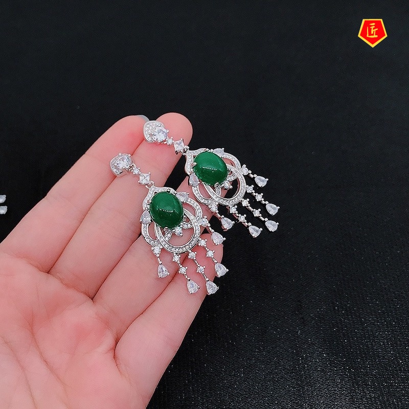 [Ready Stock]New Luxury Inlaid Natural Jade Earrings