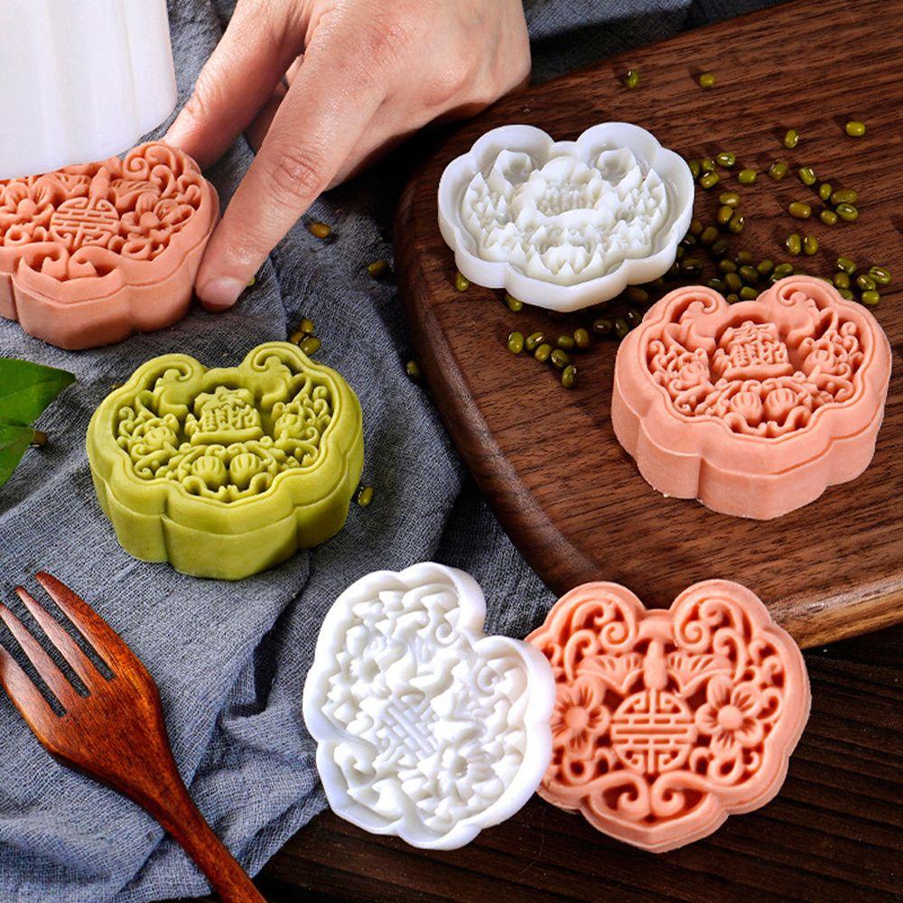 【 ELEGANT 】 Es Kulit Cetakan Mooncake 1set Plastik Tangan Ditekan Mid-Autumn Festival Moon Cake Cookie Mold Dapur Gadget Mooncake Hias Aksesoris Kue Bulan Cetakan Mooncake