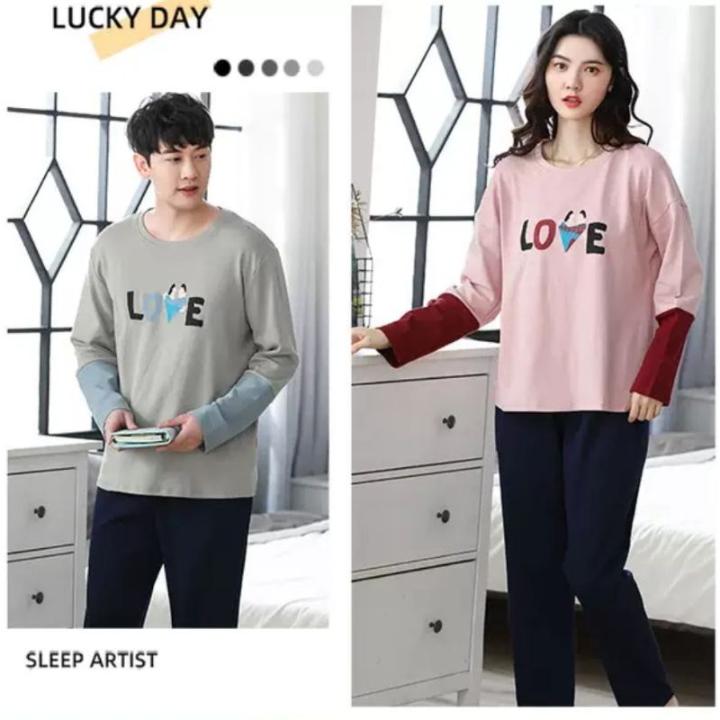 BAJU TIDUR PIYAMA PRIA WANITA PP KAOS TEBAL HALUS IMPORT BERKUALITAS LENGAN PANJANG SETELAN CELANA PANJANG MOTIF LOVE TERBARU SIZE M-XXXL FIT TO 85KG