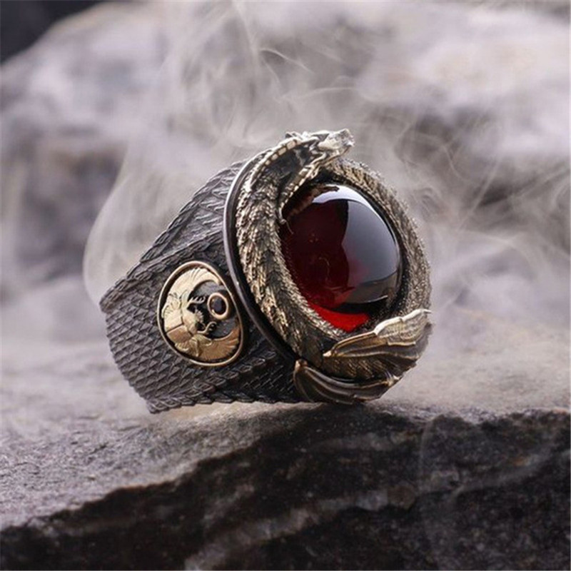 Cincin Pria Naga Phoenix Rubi Berlian Kristal Baja Titanium Emas Hitam Rings