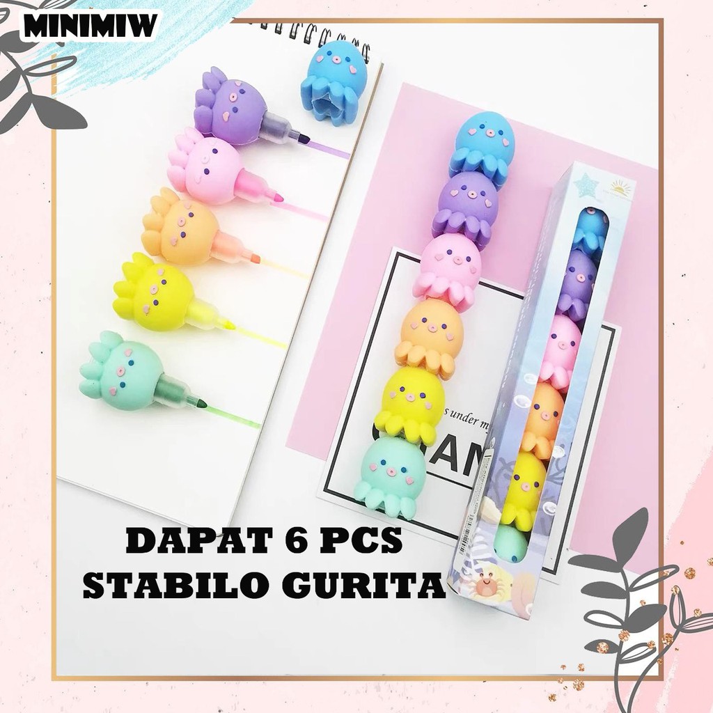 SET STABILO HIGHLIGHTER OCTOPUS ISI 6 PCS SPIDOL WARNA WARNI GURITA PASTEL LUCU IMUT