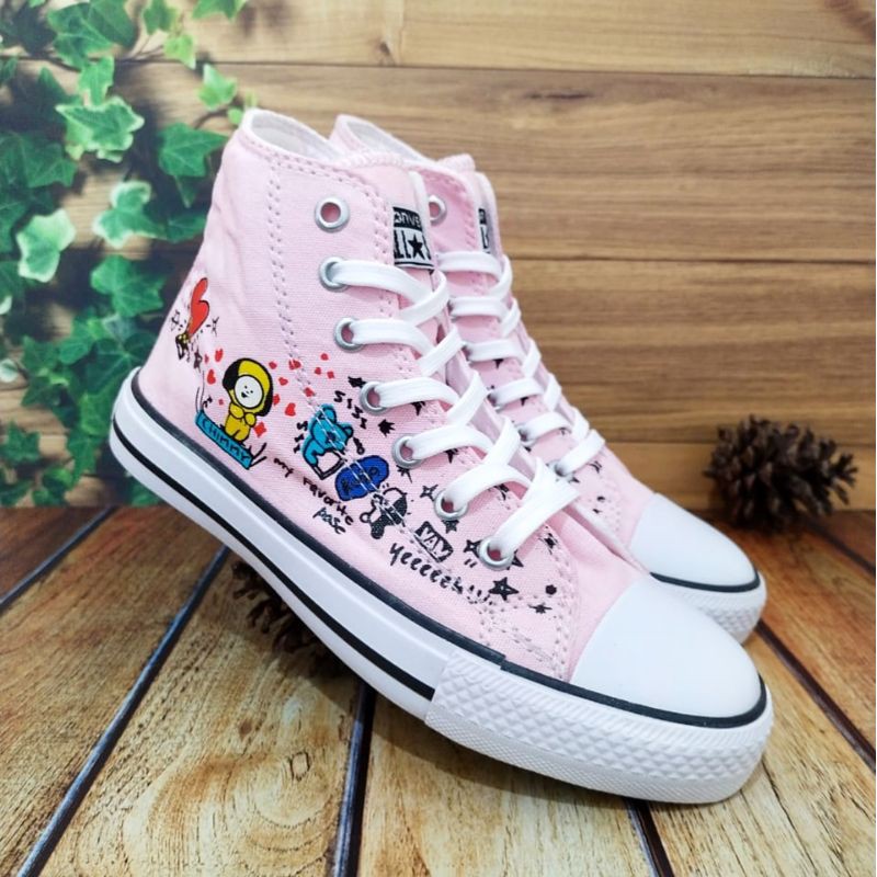 Sepatu Anak Perempuan BTS Bt21 Converse All Star Sneakers Casual Kanvas Tali High Quality