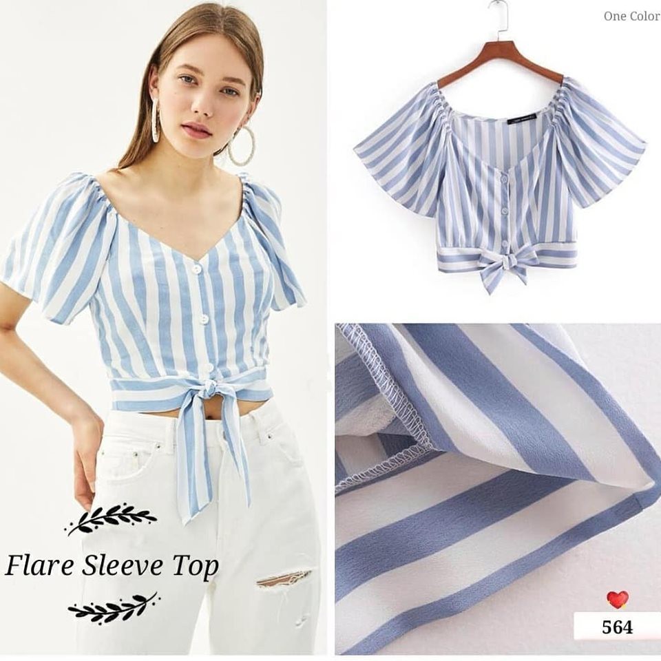 Blouse katun salur ECL Flare sleeve top