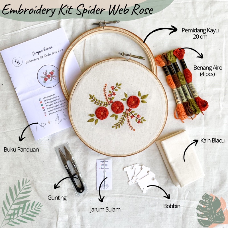 Embroidery Kit Flower Spider Web Rose - Paket sulam benang premium