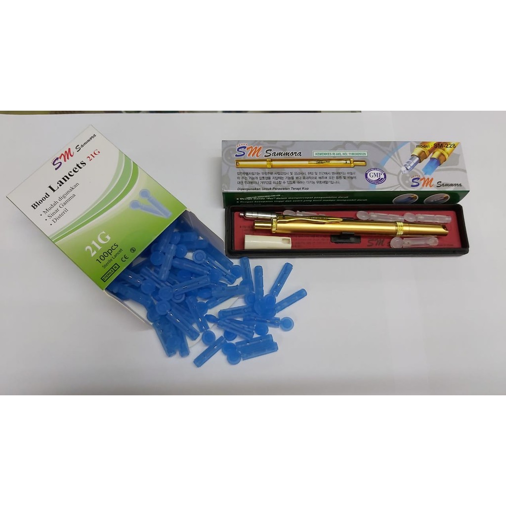 1 Pena Bekam Lancing Device Gold SM 228 Hijau BONUS Jarum Bekam Blood Lancet SM 21G 1 Box isi 100pc