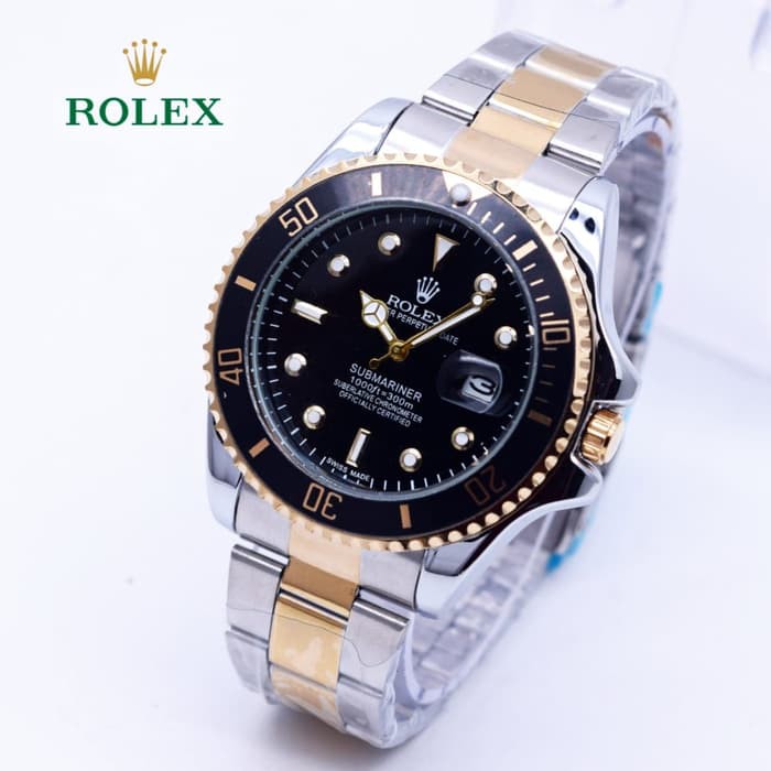 Promo Jam Tangan Pria Rolex Submariner 02 Rantai Kombinasi Gold plat Black Terlaris