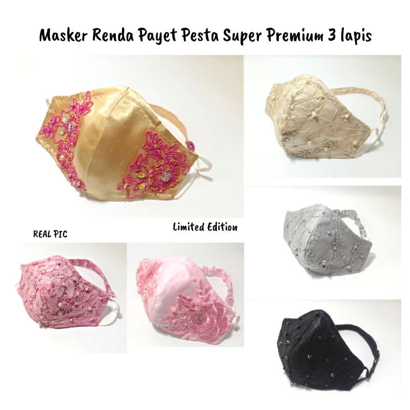 Masker Fashion Renda Payet Pesta Premium APD Putih Coklat Pink Handmadesc Brukat Brokat