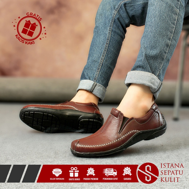 Sepatu Kerja Kasual Pria Slip On Keren Kantor Acara Formal Resmi Kondangan Gereja Cowok Pesta Kulit 