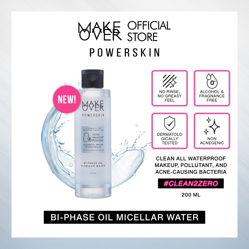 MAKE OVER Powerskin Bi-Phase Oil Micellar Water - Pembersih cleanser makeup sekali usap bersih total tanpa residu tidak menyumbat pori tidak membuat jerawat aman untuk kulit sensitif non-comedogenic