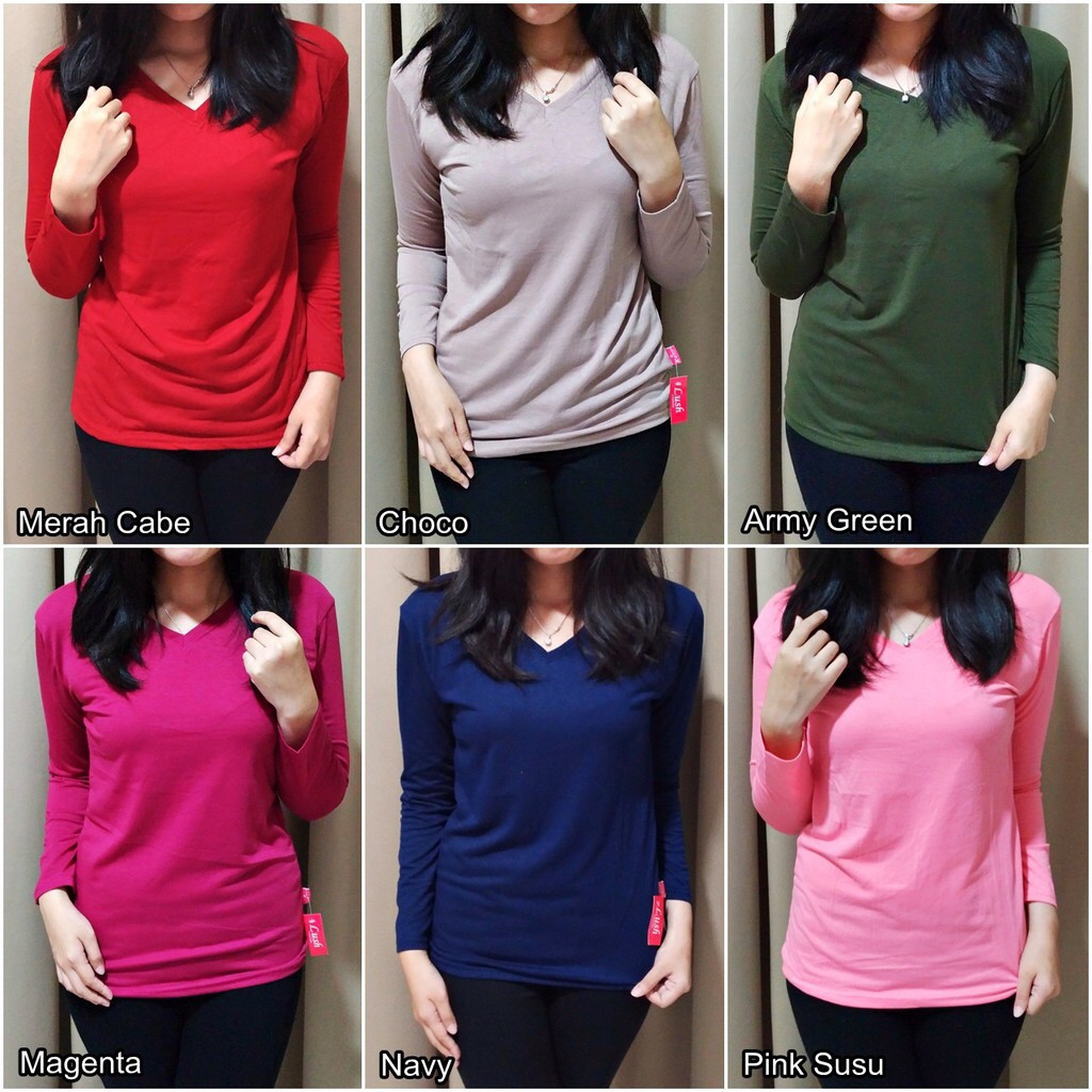 MakeGrosir Kaos Atasan Wanita Polos Lengan Panjang Basic VNECK