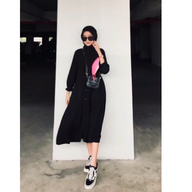 HD16:LIDIYA MIDI BLACK DRESS Fashion Muslim Casual Remaja HITS milenial Kekinian