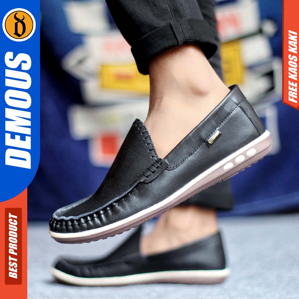 DEMOUS MYTH Sepatu Casual Slip On Pria Kulit Asli Kerja Santai Slop Murah Kekinian Hitam