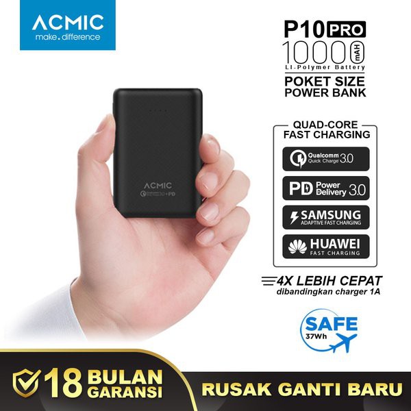 ACMIC P10PRO 10000mAh Mini PowerBank Quick Charge 3.0 + PD - Hitam