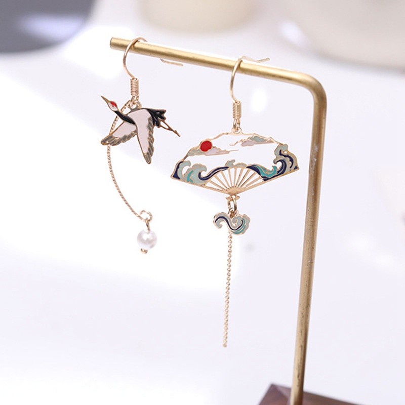 Chinese Style Folding Fan Modeling Crane Cloud Hanging Dangle National Style Earrings For Women Hollow Asymmetric Metal Jewelry|Drop Earrings