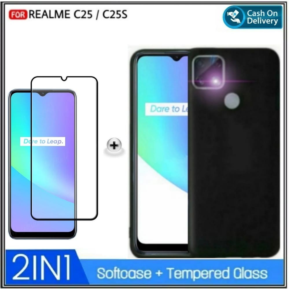 Case Realme C25 / C25s Soft Case Black Matte Premium Free Tempered Glass Layar