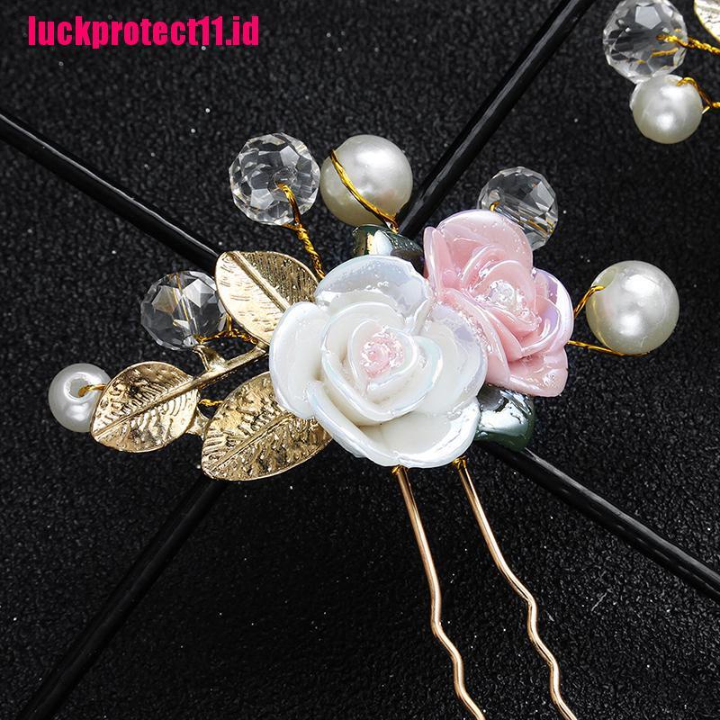 (LUCK) Jepit Rambut Wanita Desain Bunga Mawar Hias Kristal + Mutiara Untuk Pernikahan