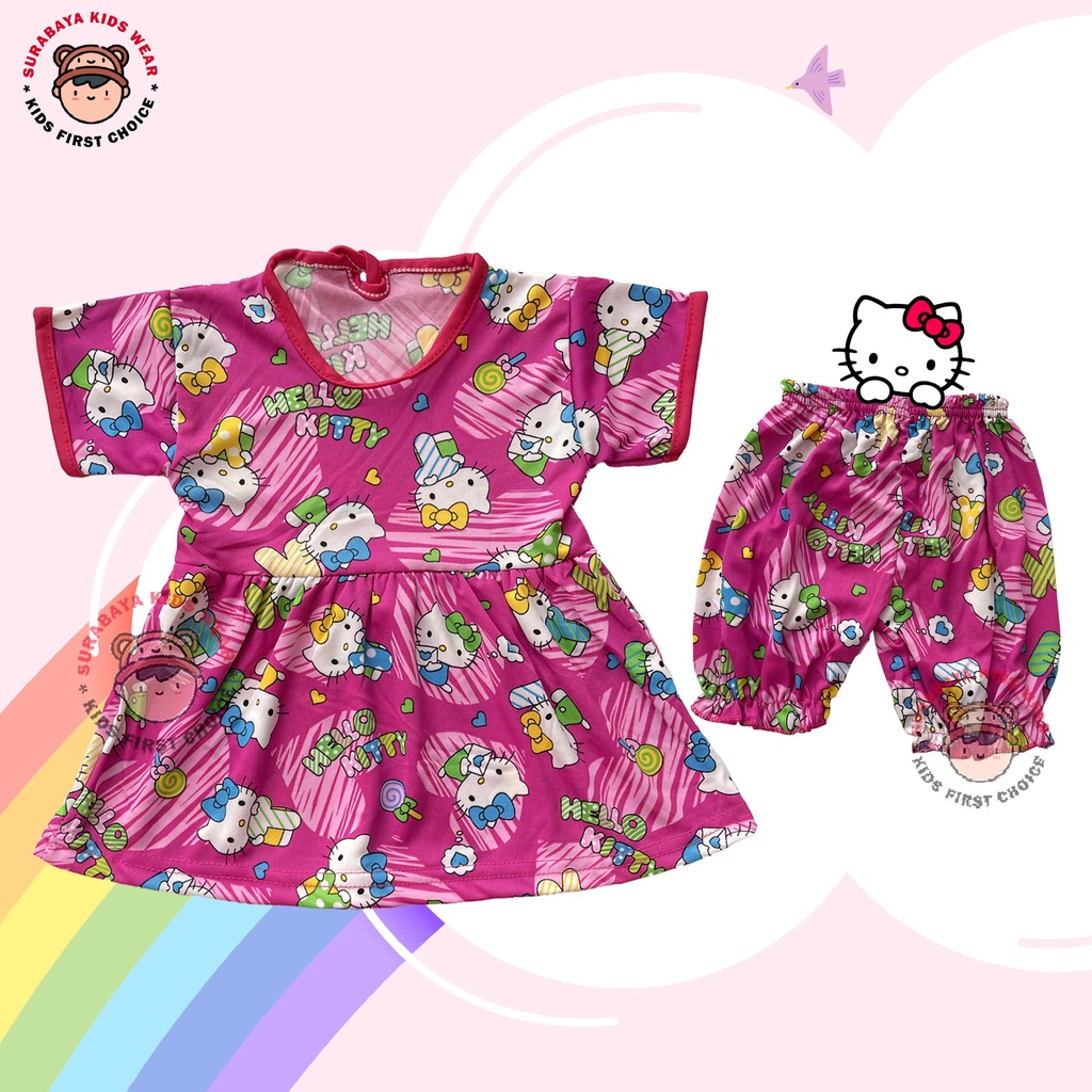 Setelan Dress Anak Perempuan Lengan Pendek Motif Kartun Warna