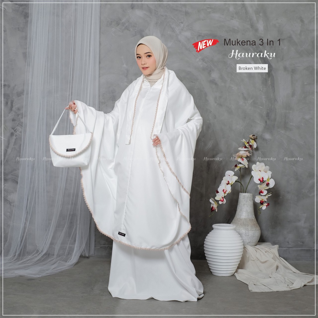 Mukena Dewasa 3 In 1 Traveling Katun Premium-Broken White