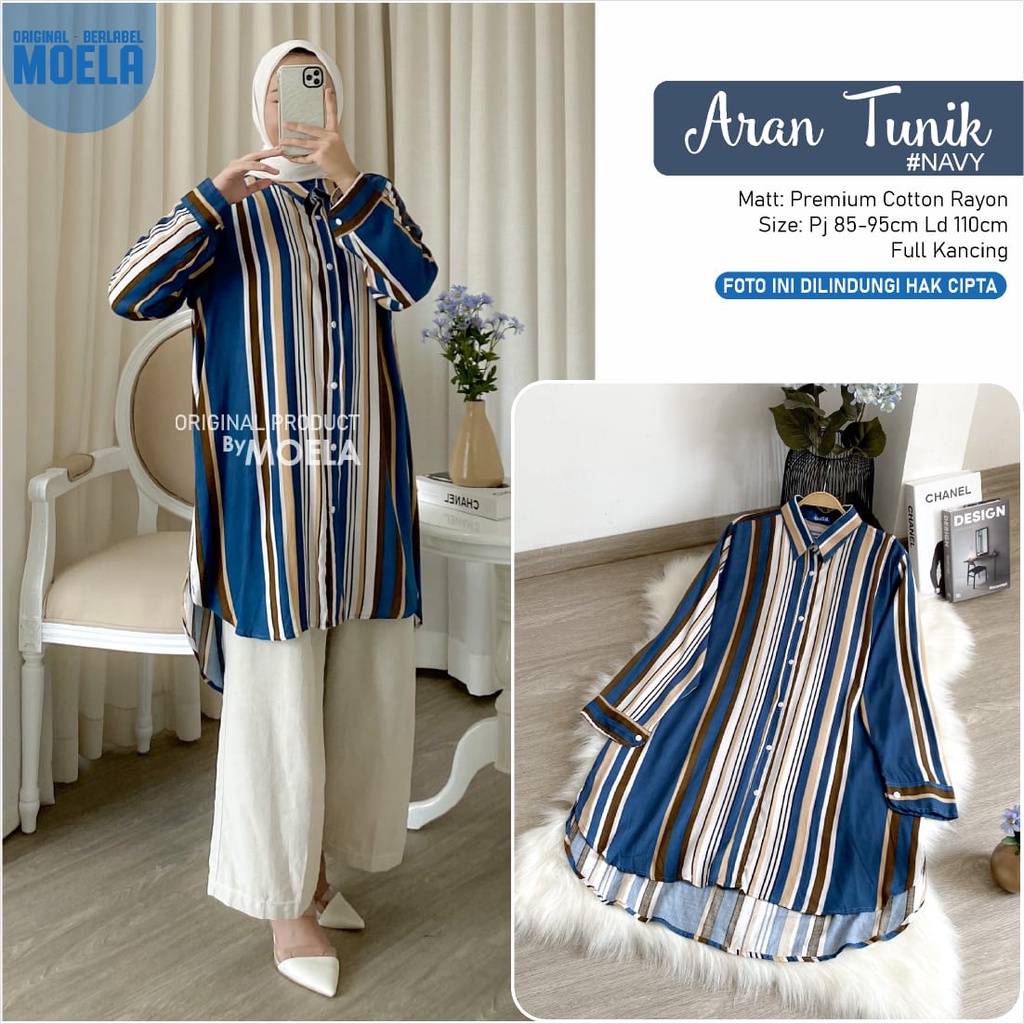 ORI MOELA ARAN TUNIK ld 110cm OOTD premium cotton rayon motif salur full kancing berkerah atasan wan