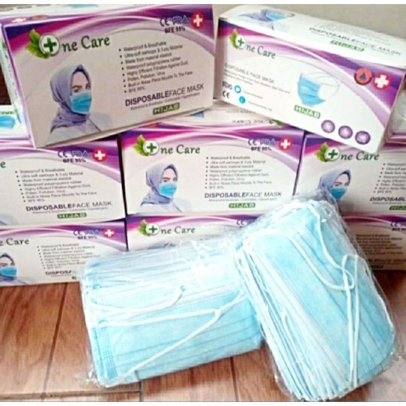 Masker Hijab 3ply 1 box isi 50pcs Warna Biru