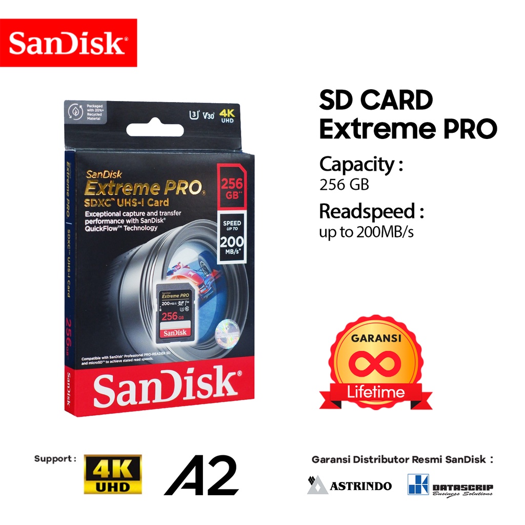 Jual SD Card 256GB SanDisk Extreme PRO UHSI 4K U3 up to 200Mbps