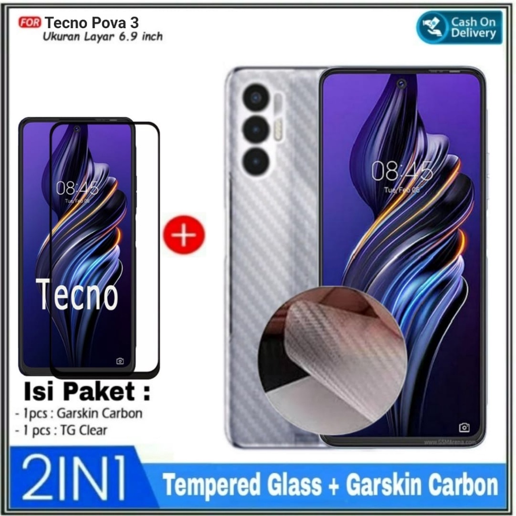 PAKET 2IN1 Tempered Glass Tecno Pova 3 Anti Gores Kaca &amp; Garskin Carbon DI ROMAN ACC