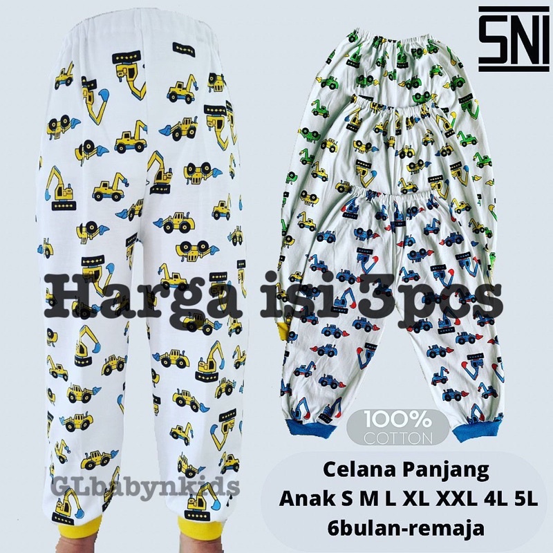 [Bundle isi 3pcs]Grosir Celana Panjang Santai Tidur Rumah Harian Training Anak Motif Traktor 100%Katun Size SS-5L New Born-Remaja SNI