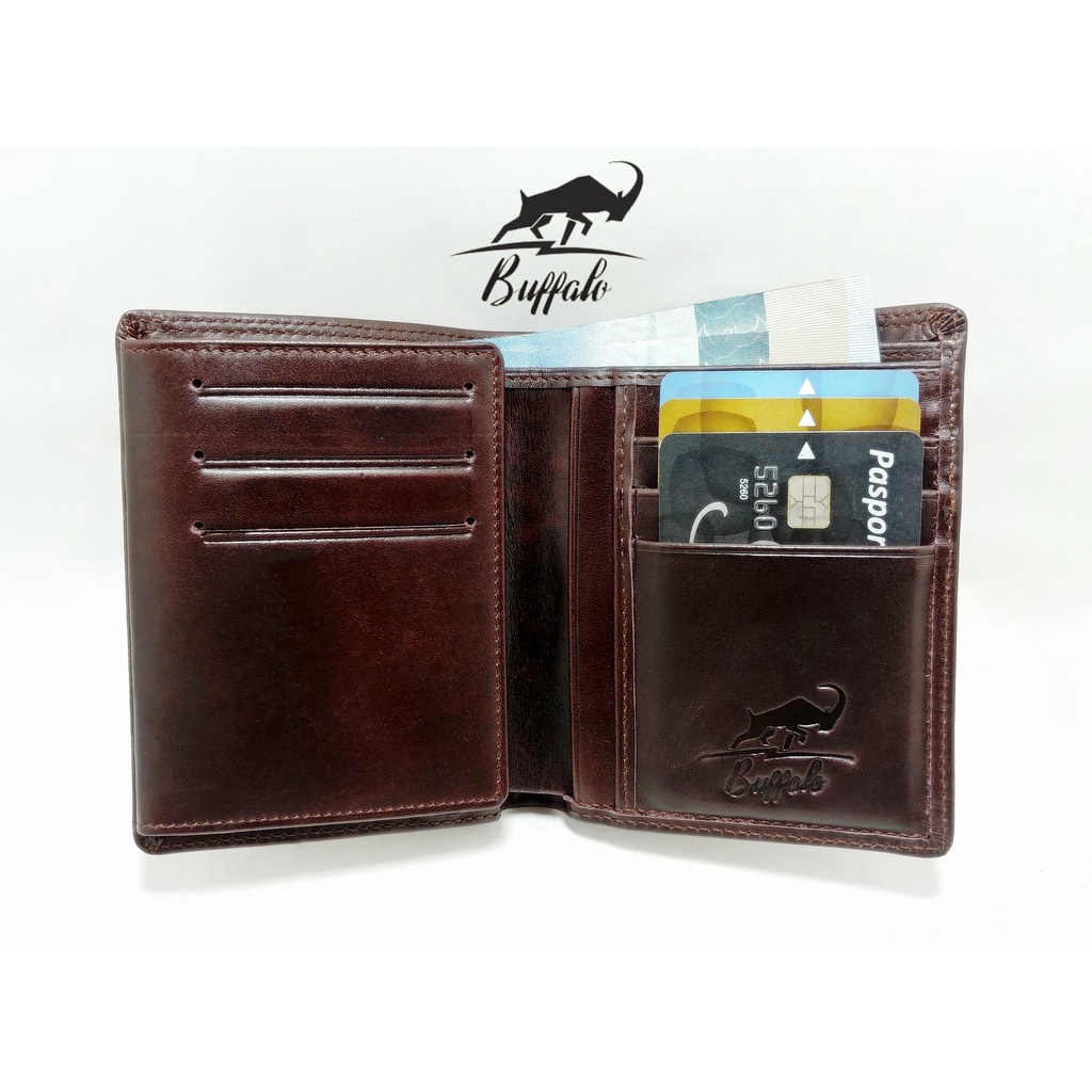Buffalo Dompet Pria 100% Kulit Asli Slot Kartu Banyak Model Lipat Casual - Coklat Brown Cokelat Tua