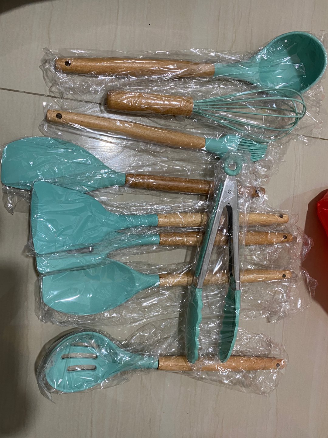10 Pcs Alat Masak Silikon Spatula Gagang Kayu Dengan Wadah - Hijau Tua