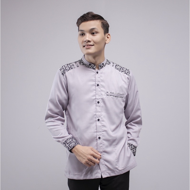 Baju Koko Original Elrumi Motif Adidas Batik Warna Abu Lengan Panjang