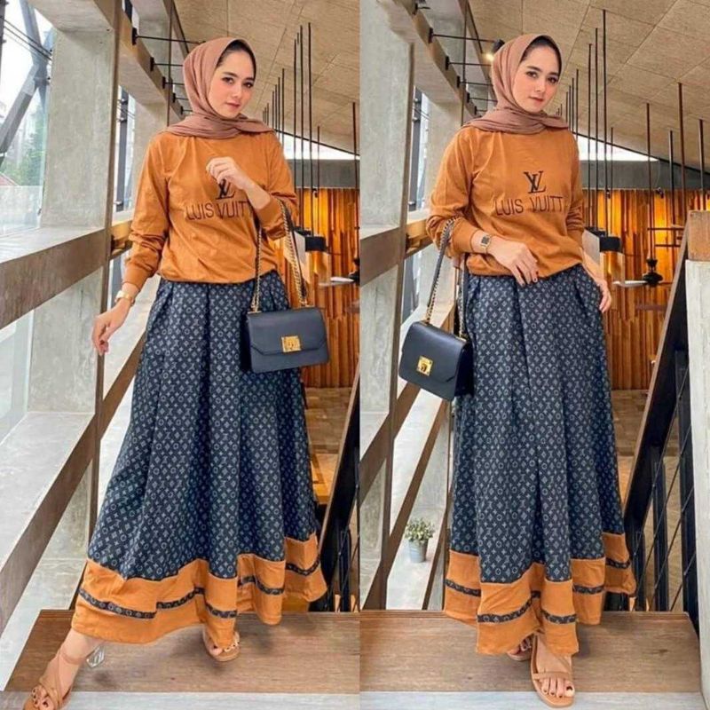 AZ NEW SET ROK BLOUSE BAHAN BABYTERY PINGGANG KARET KANTONG KANAN KIRI / SET ROK FASHION / SETELAN ROK WANITA-Alisya Brick