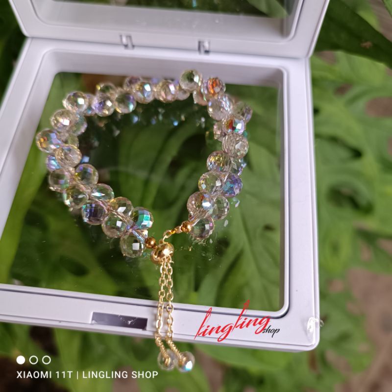 Gelang kristal serut,gelang kristal serut korea,gelang kristal tali elastis free BOX-Coklatmd serut