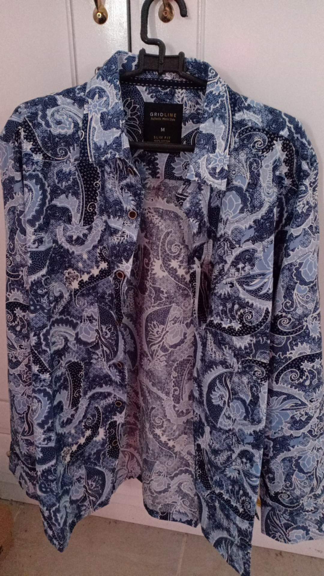 [gridline - Ls026 Blue & Grey] Kemeja Batik Slimfit Pria Katun Lengan Panjang