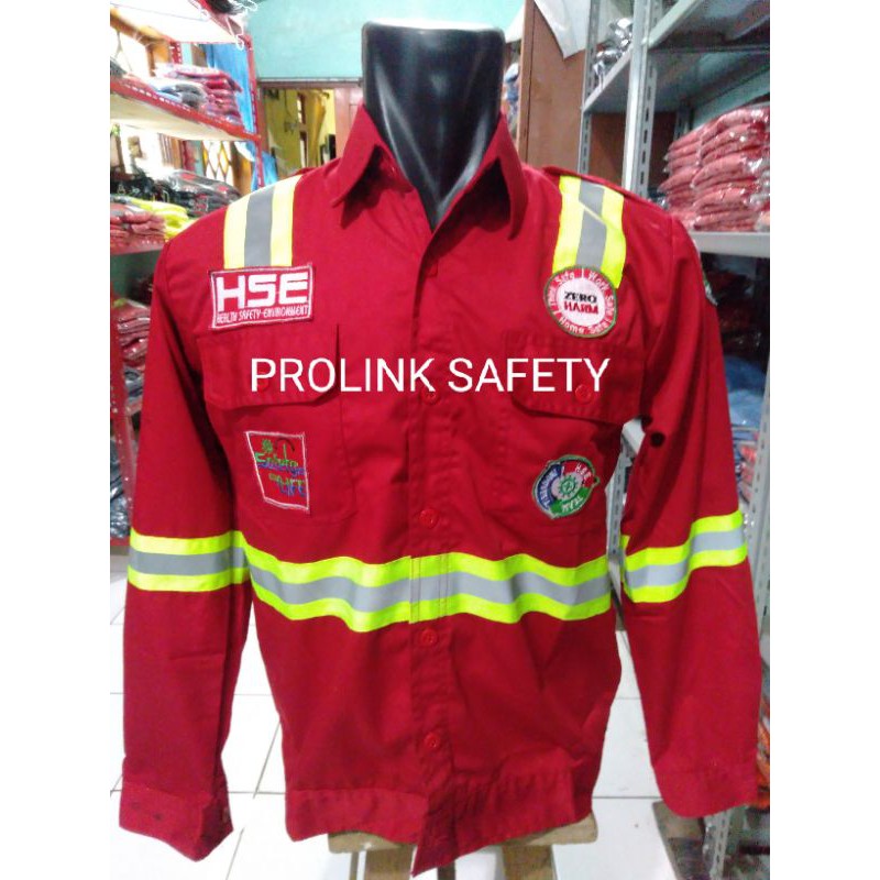 SERAGAM SAFETY HSE FULL LOGO DEPAN DAN PUNGGUNG KANCING MERAH KAIN DRILL ADEM TEBAL