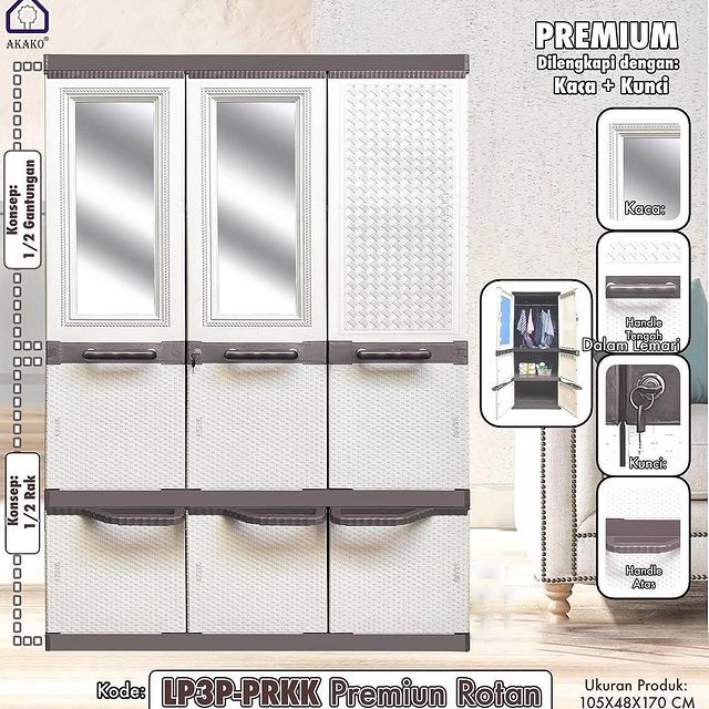 JUMBO LEMARI PLASTIK AKAKO ELEGANT 3 PINTU KACA LP3EP PREMIUM LEMARI GANTUNG KACA FULL KUNCI