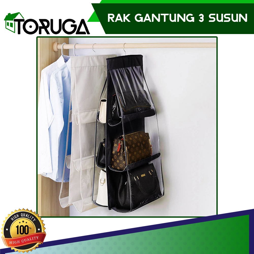 Rak Cantolan Tas GANTUNG 3 susun - Hanging Bag Organizer HBO - Tempat Penyimpanan Hand Bag 6 Sekat